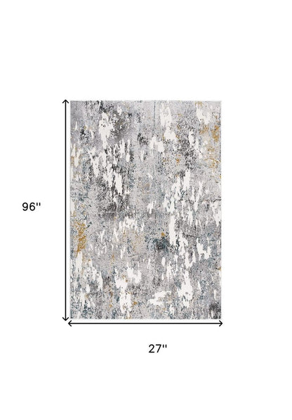 2' X 8' Grey And White Abstract Power Loom Stain Resistant Area Rug