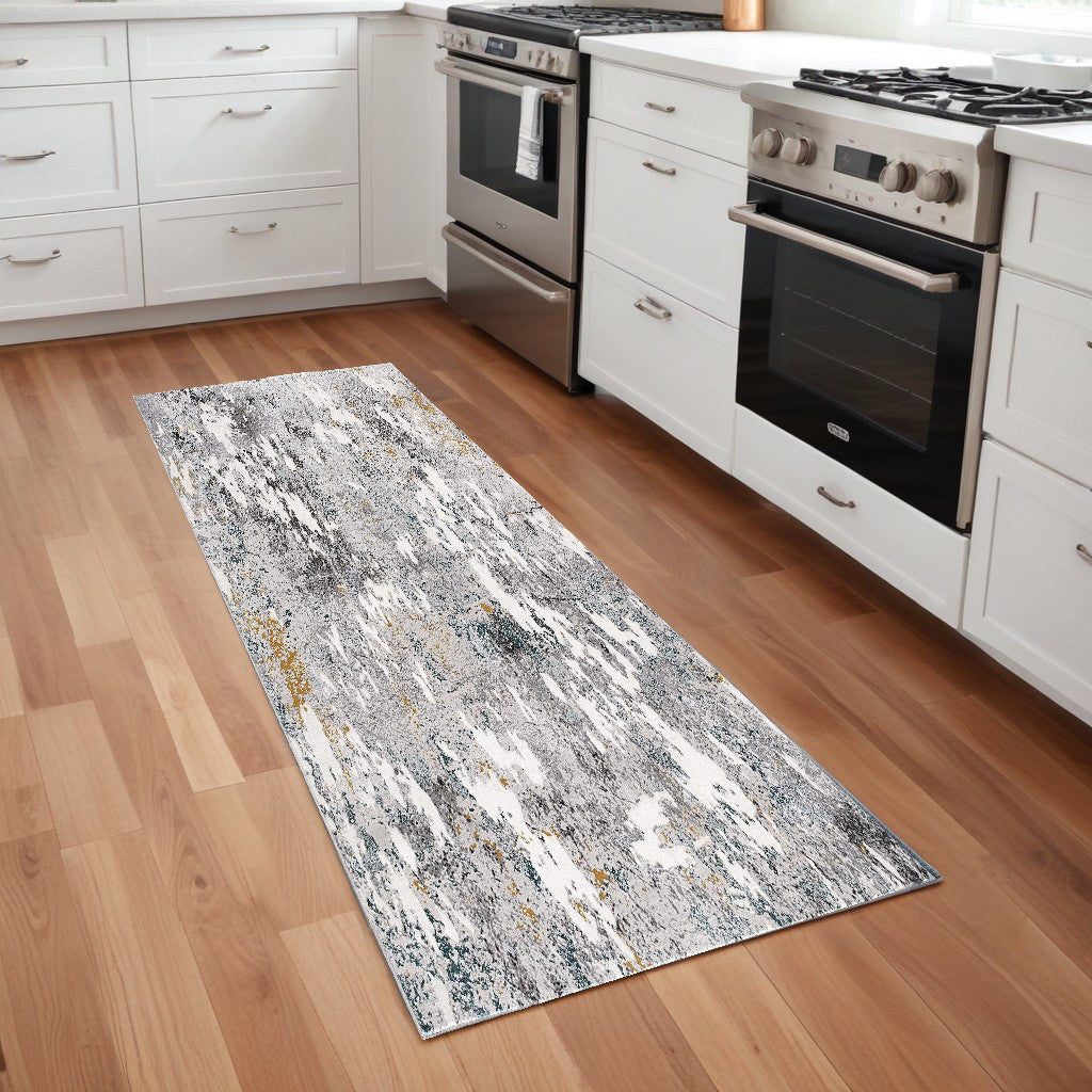 2' X 8' Grey And White Abstract Power Loom Stain Resistant Area Rug