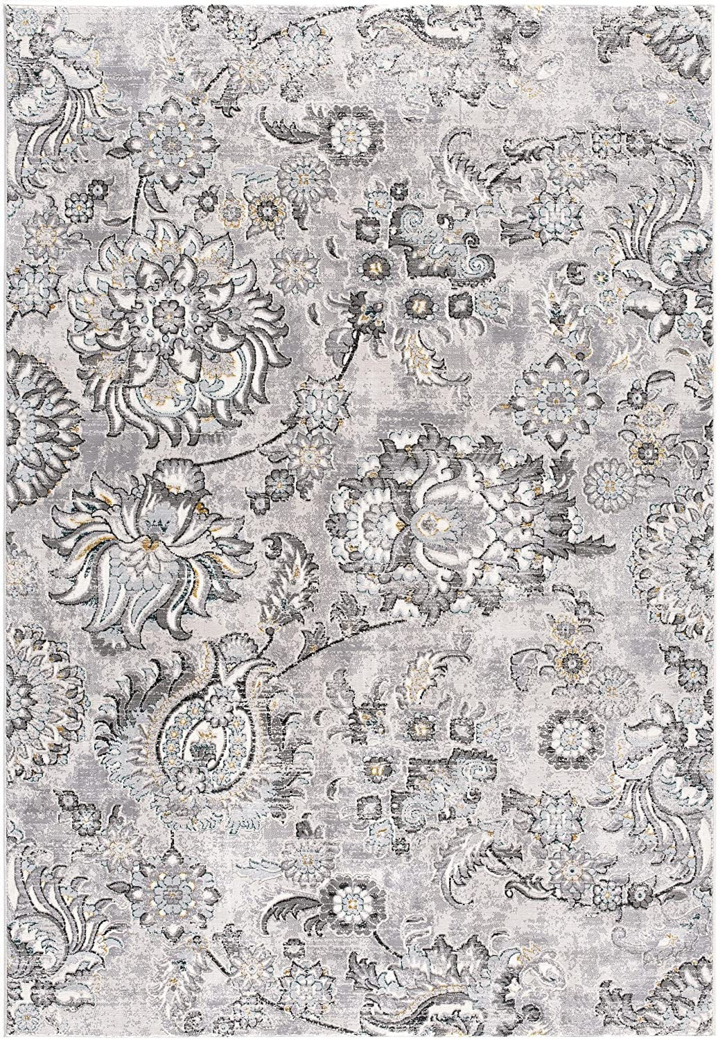 2' X 8' Grey Floral Power Loom Stain Resistant Area Rug