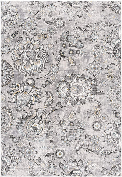 2' X 8' Grey Floral Power Loom Stain Resistant Area Rug