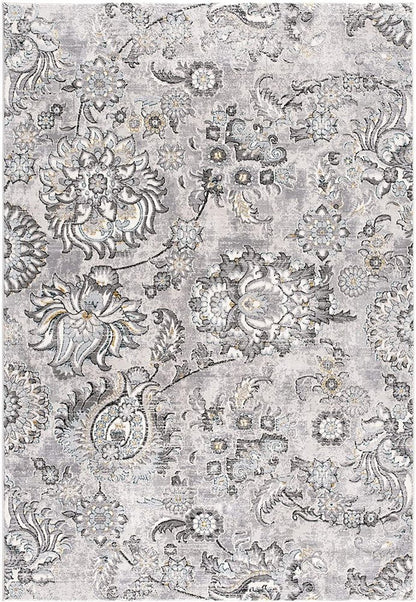 2' X 8' Grey Floral Power Loom Stain Resistant Area Rug