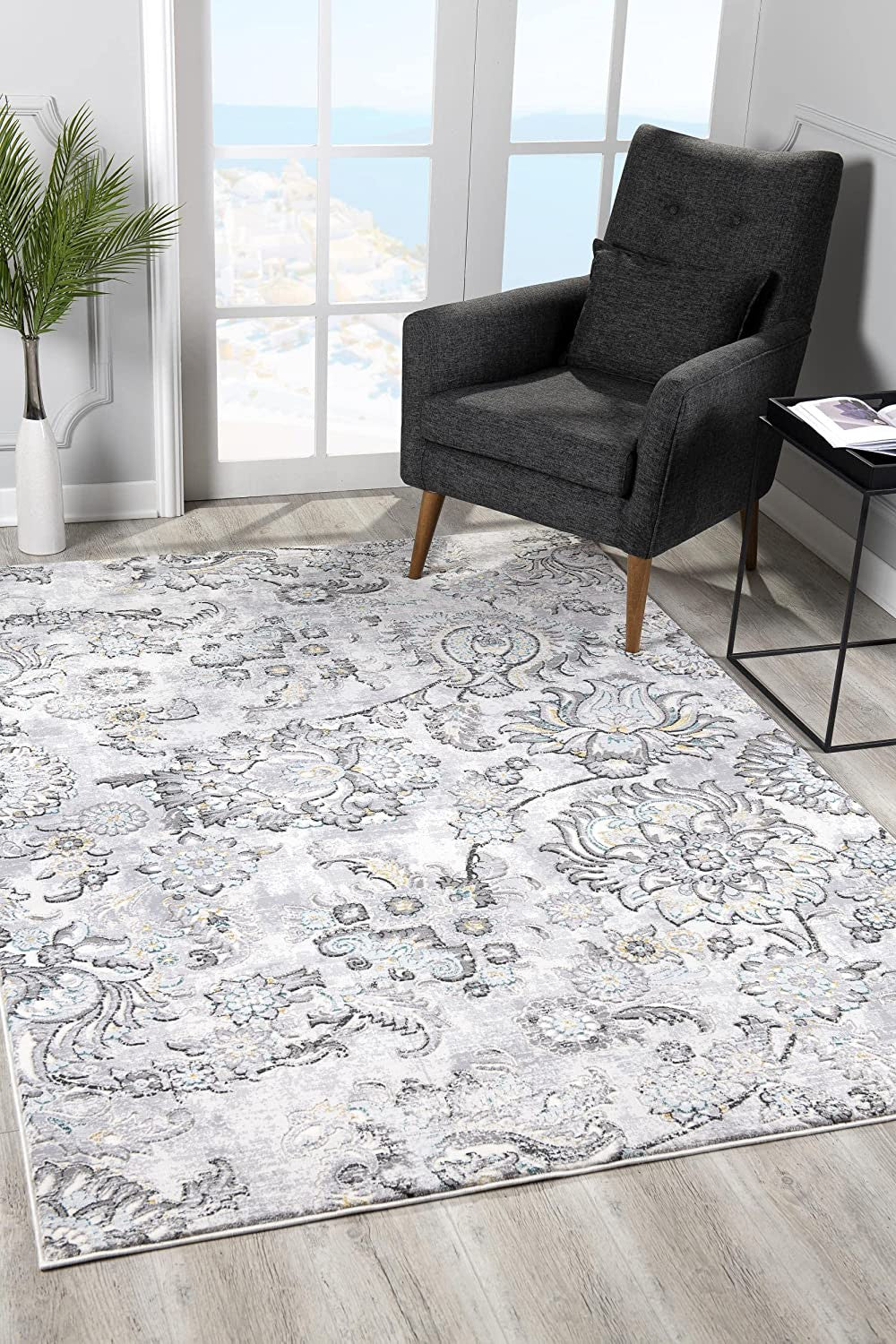 2' X 8' Grey Floral Power Loom Stain Resistant Area Rug