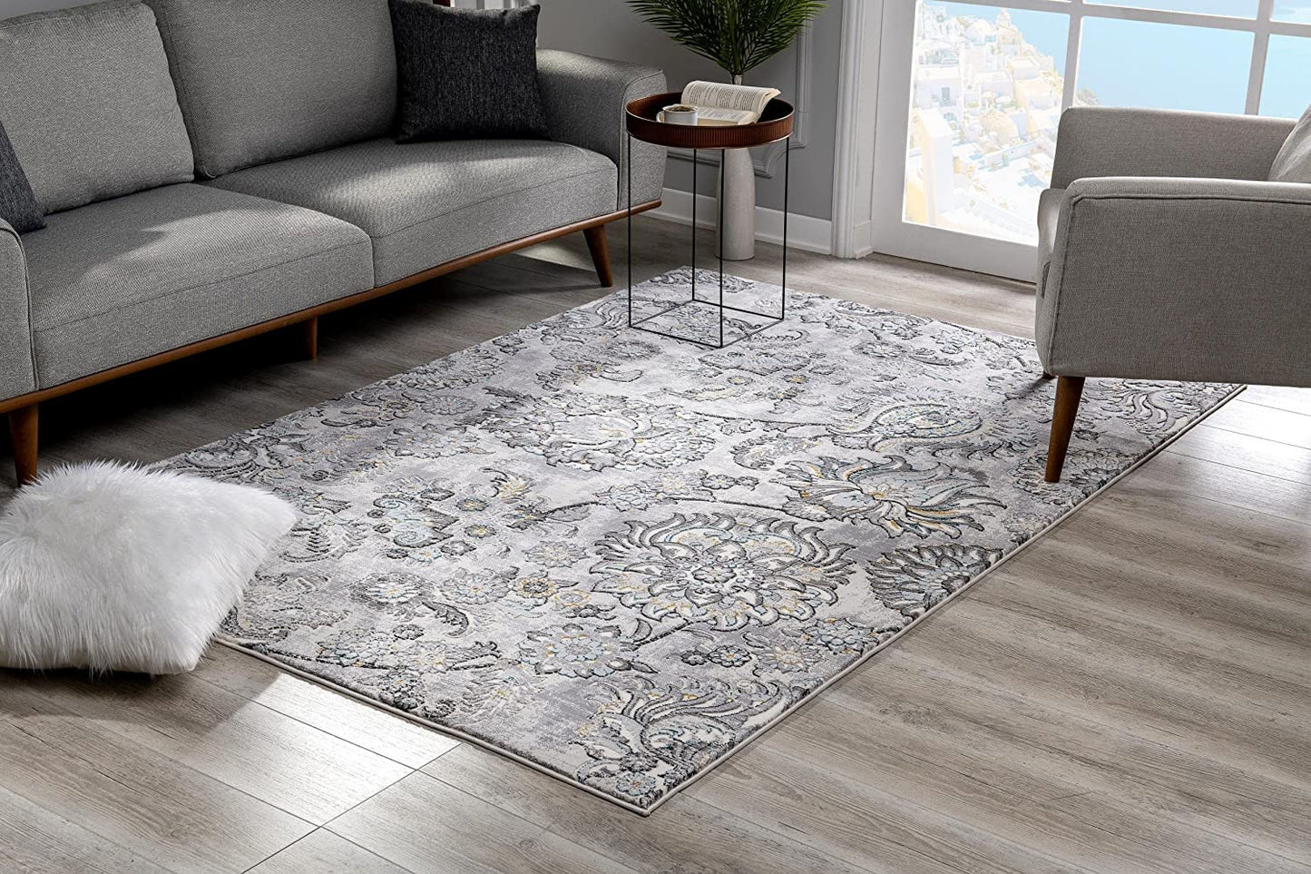 2' X 8' Grey Floral Power Loom Stain Resistant Area Rug