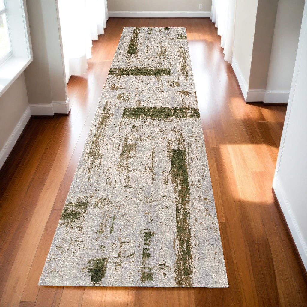 13' Green and Ivory Abstract Power Loom Distressed Runner Rug