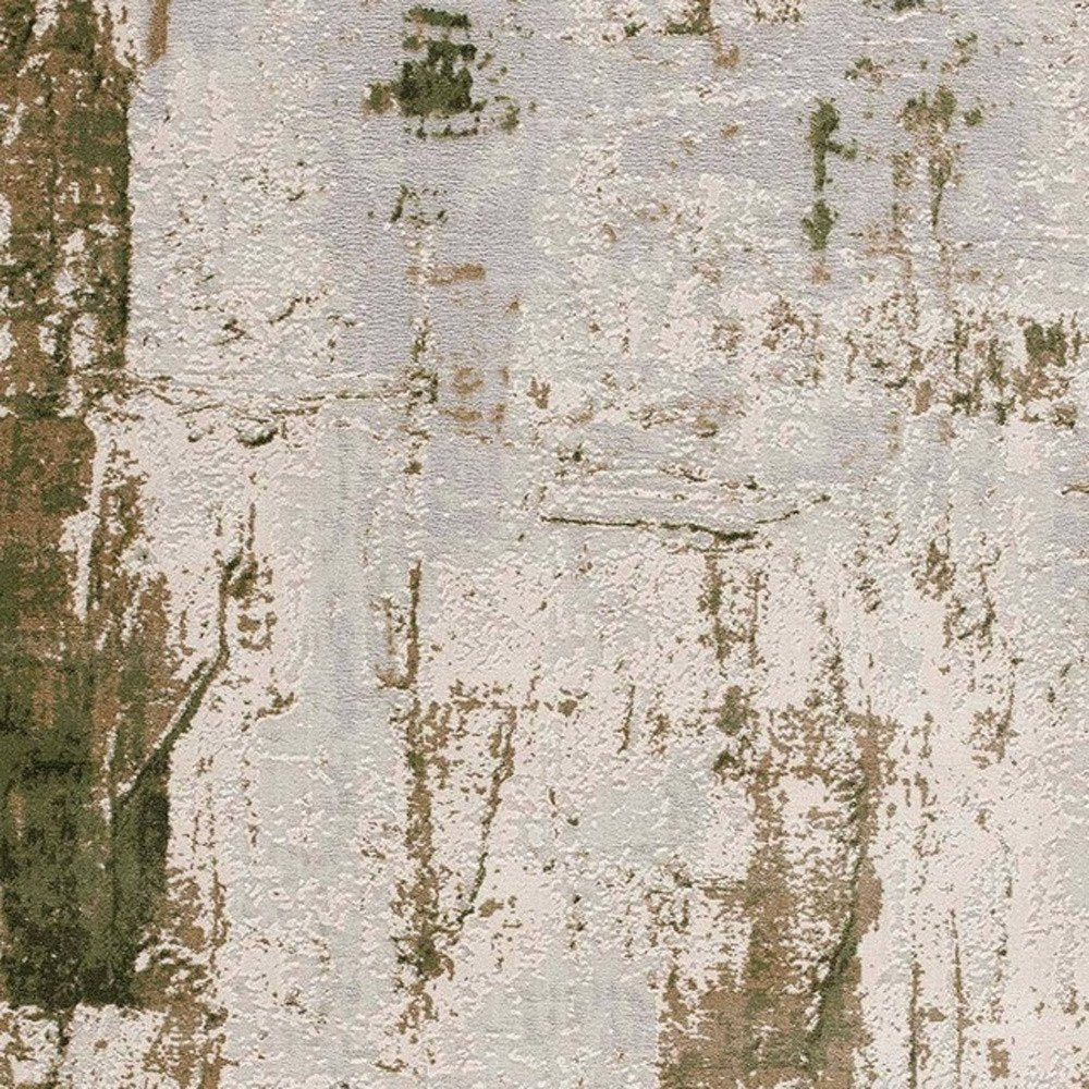 15' Green and Ivory Abstract Power Loom Distressed Runner Rug