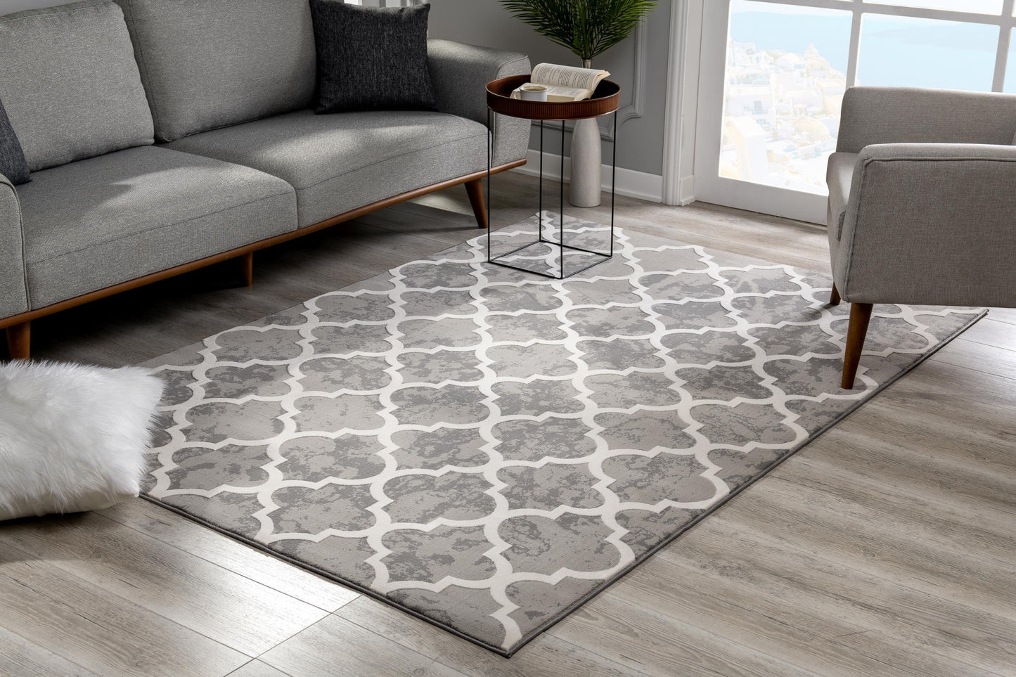 7' X 9' Grey Geometric Power Loom Stain Resistant Area Rug