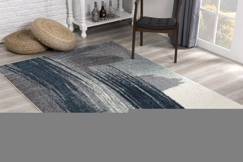 10' Blue And White Abstract Shag Runner Rug