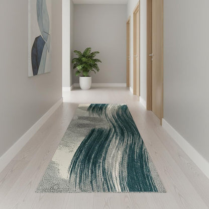 10' Blue And White Abstract Shag Runner Rug