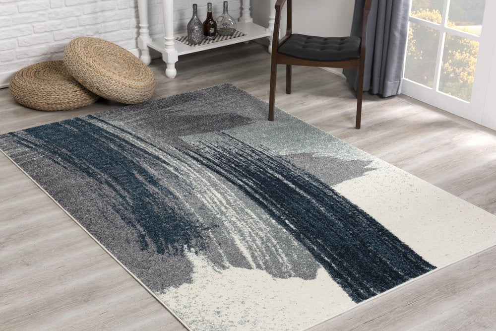 13' Blue And White Abstract Shag Runner Rug