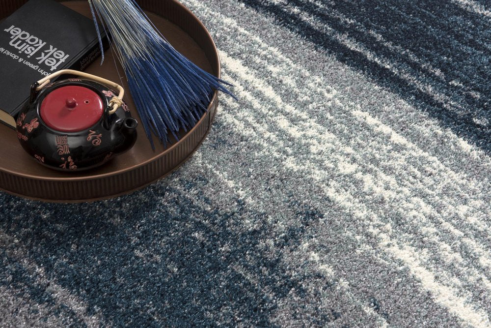 13' Blue And White Abstract Shag Runner Rug