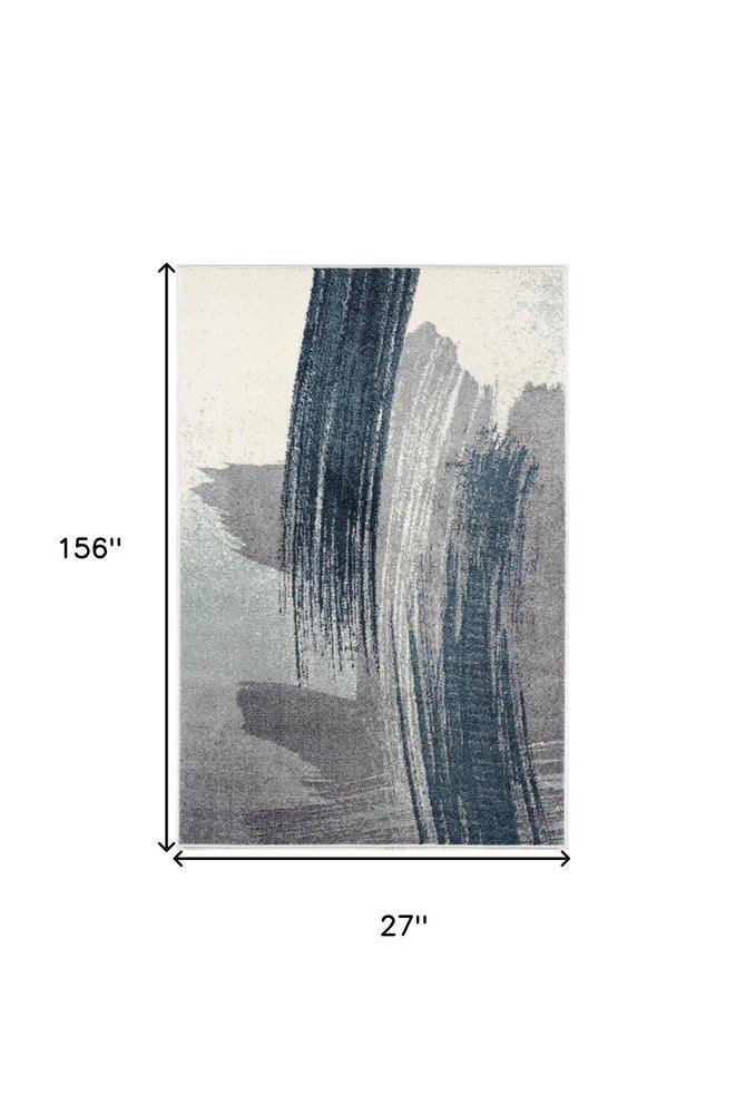 13' Blue And White Abstract Shag Runner Rug