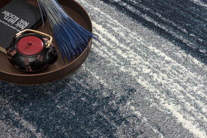 15' Blue And White Abstract Shag Runner Rug