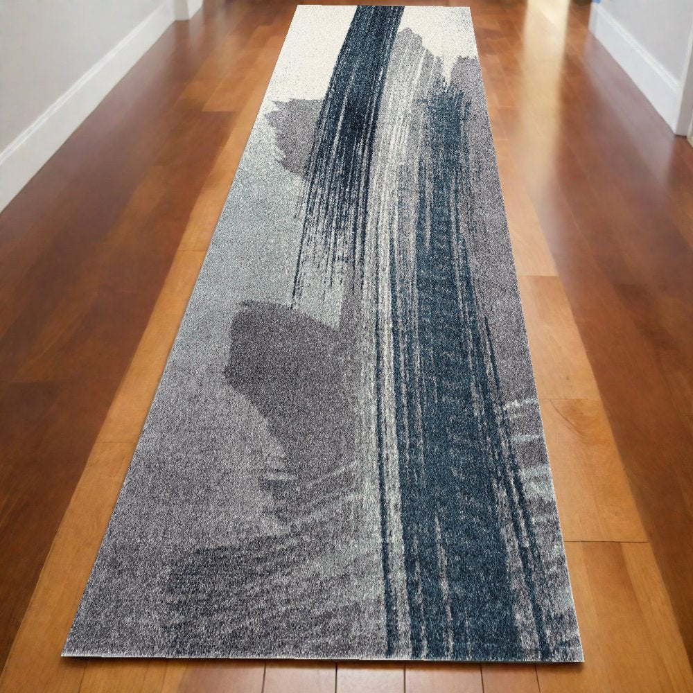 20' Blue And White Abstract Shag Runner Rug