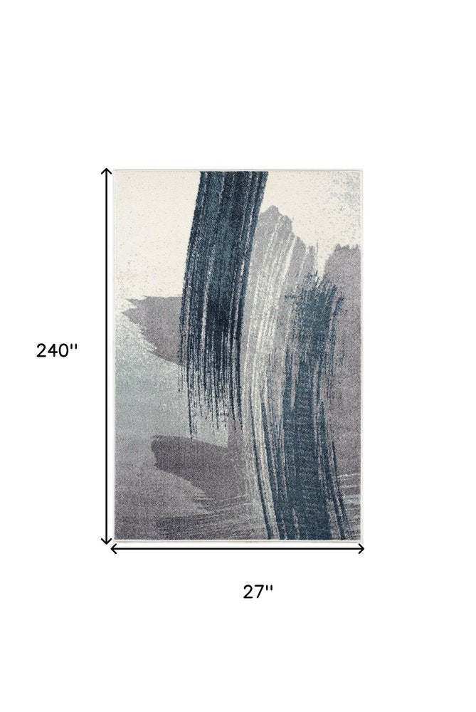 20' Blue And White Abstract Shag Runner Rug