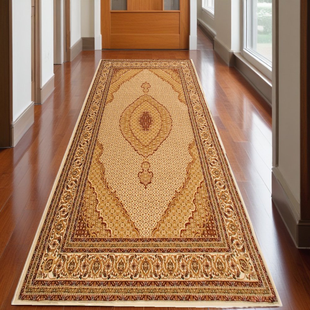 15' Beige And Ivory Oriental Runner Rug