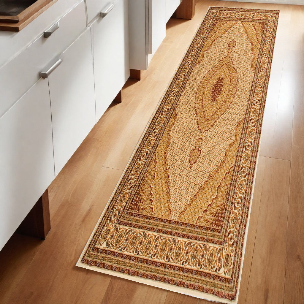 8' Runner Beige and Ivory Oriental Power Loom Runner Rug