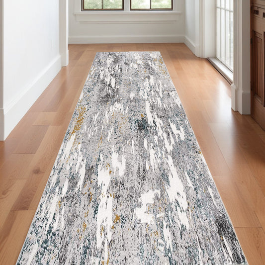 2' X 10' Grey And White Abstract Power Loom Stain Resistant Area Rug