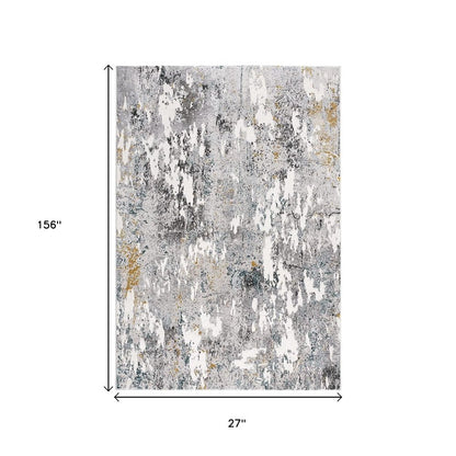 13' Gray And White Abstract Shag Runner Rug