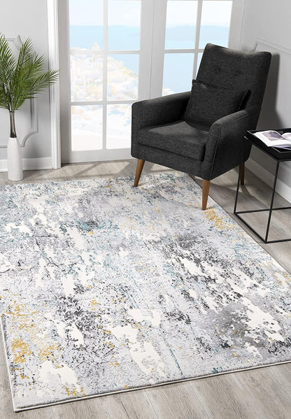 2' X 13' Grey And White Abstract Power Loom Stain Resistant Area Rug