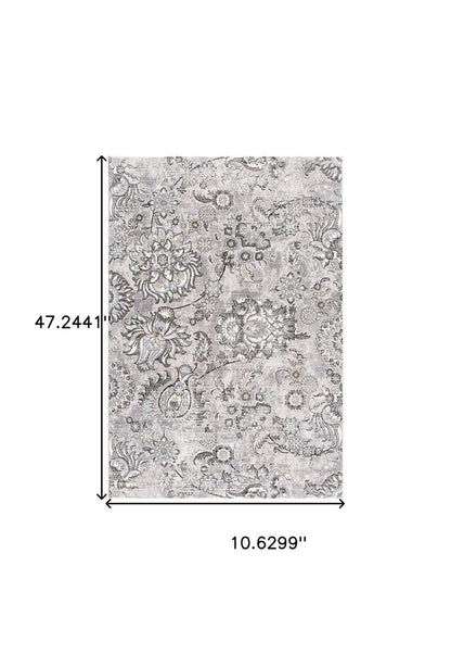 10' Gray And Ivory Floral Shag Runner Rug