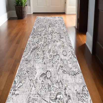 2' X 10' Grey Floral Power Loom Stain Resistant Area Rug