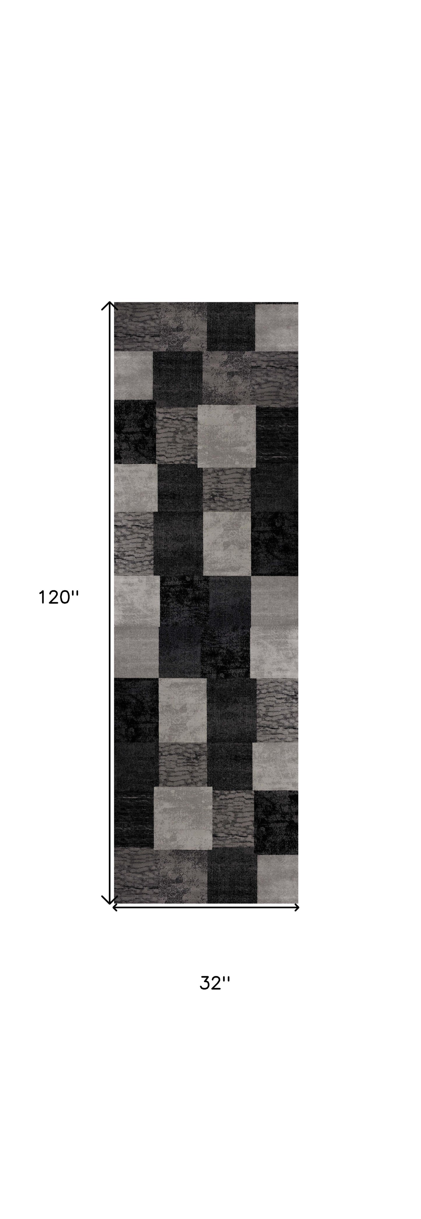 10' Gray and Black Geometric Power Loom Distressed Runner Rug