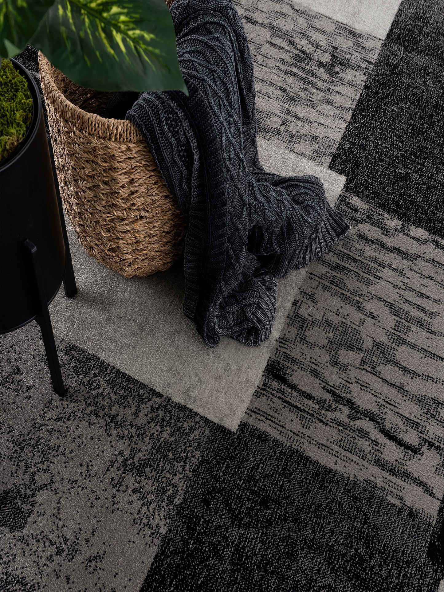 10' Gray and Black Geometric Power Loom Distressed Runner Rug