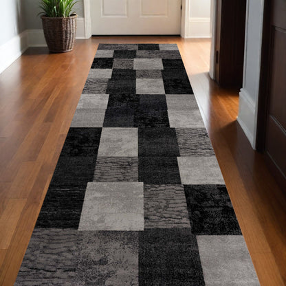 10' Gray and Black Geometric Power Loom Distressed Runner Rug