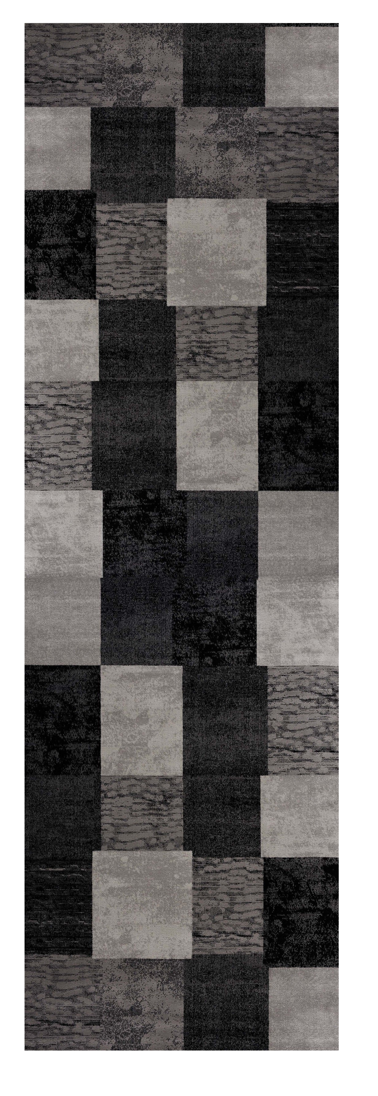 10' Gray and Black Geometric Power Loom Distressed Runner Rug