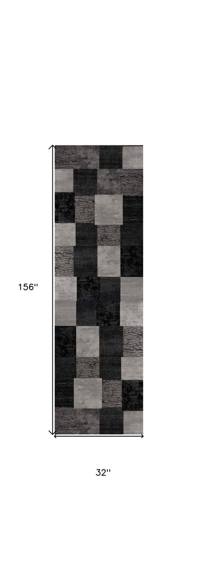 13' Gray and Black Geometric Power Loom Distressed Runner Rug