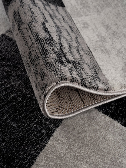 15' Gray and Black Geometric Power Loom Distressed Runner Rug