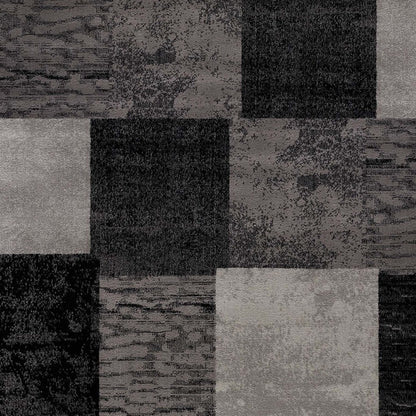 15' Gray and Black Geometric Power Loom Distressed Runner Rug