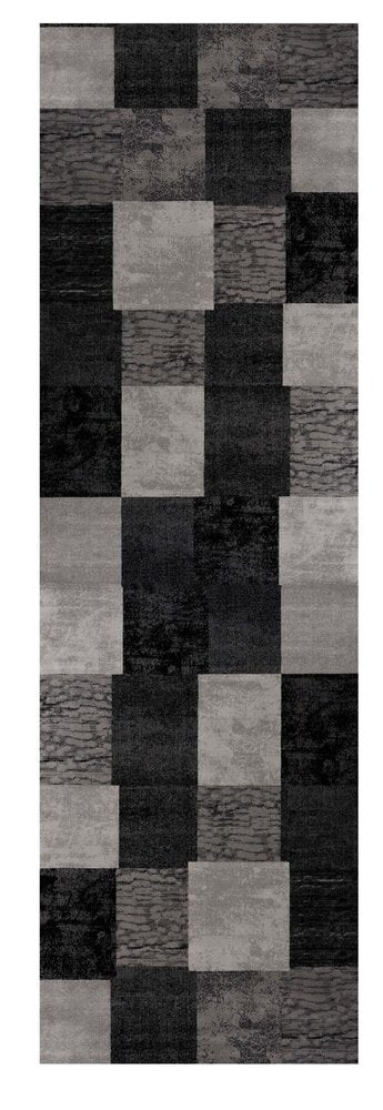 15' Gray and Black Geometric Power Loom Distressed Runner Rug