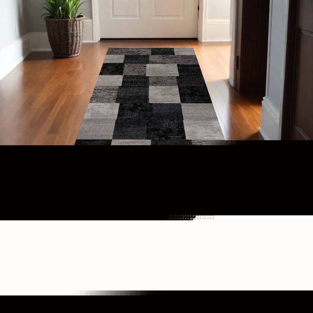 20' Gray and Black Geometric Power Loom Distressed Runner Rug