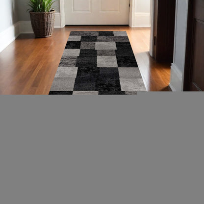 20' Gray and Black Geometric Power Loom Distressed Runner Rug