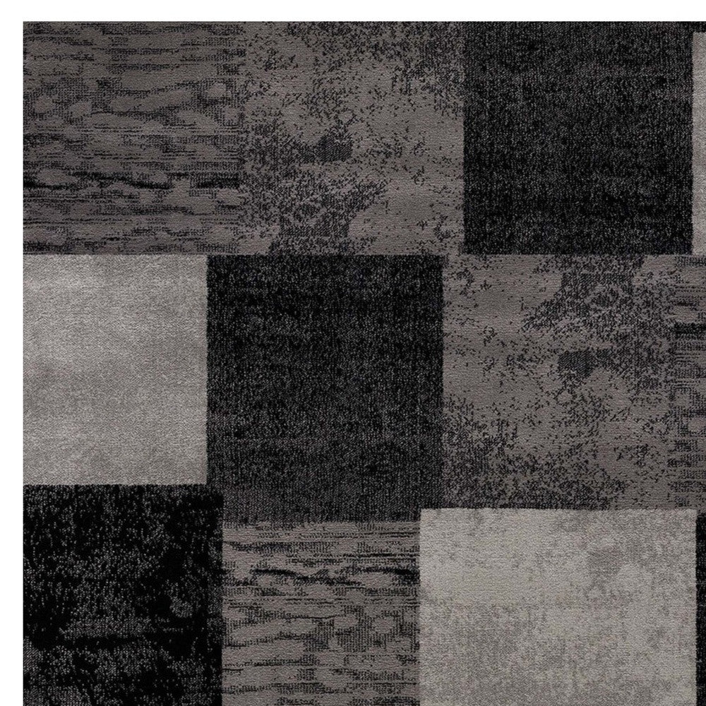 20' Gray and Black Geometric Power Loom Distressed Runner Rug