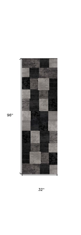 8' Gray and Black Geometric Power Loom Distressed Runner Rug