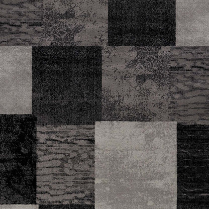 8' Gray and Black Geometric Power Loom Distressed Runner Rug