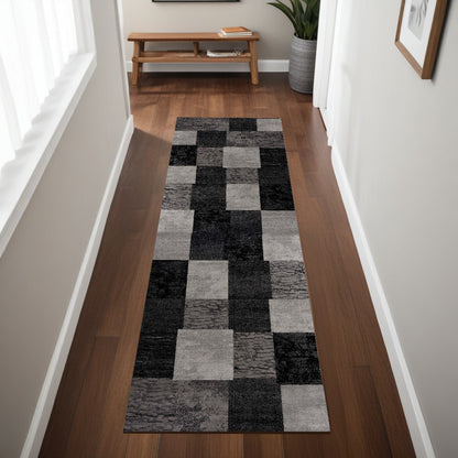 8' Gray and Black Geometric Power Loom Distressed Runner Rug