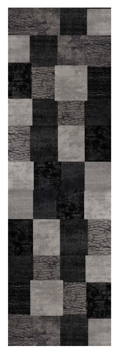 8' Gray and Black Geometric Power Loom Distressed Runner Rug