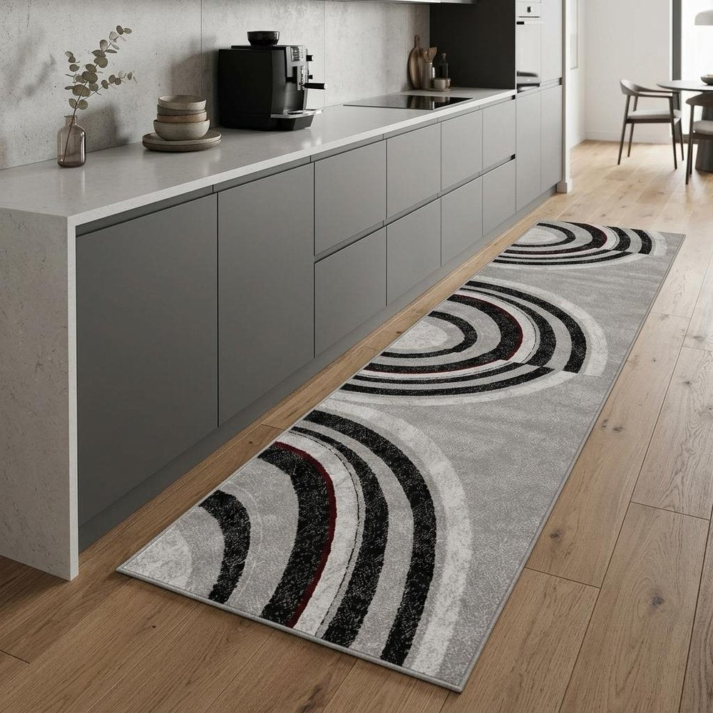 8' Gray and Black Abstract Power Loom Distressed Runner Rug