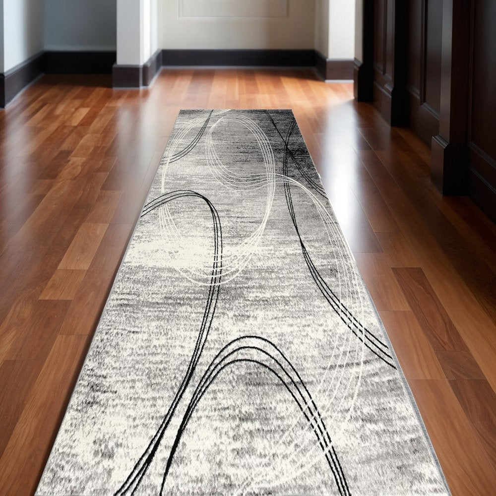 10' Gray And Ivory Abstract Runner Rug