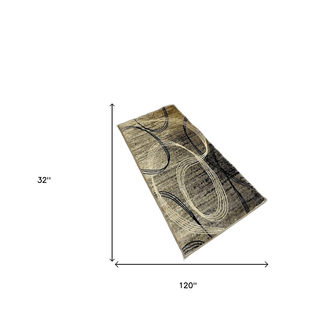 10' Gray And Ivory Abstract Runner Rug