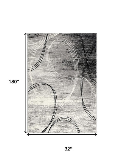 15' Gray And Ivory Abstract Shag Runner Rug