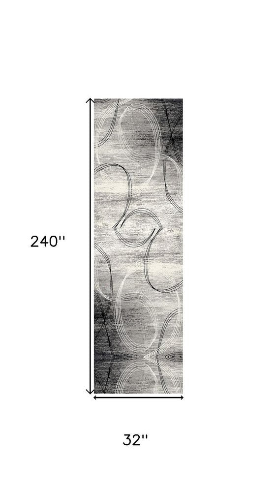 20' Gray and Ivory Abstract Shag Power Loom Runner Rug