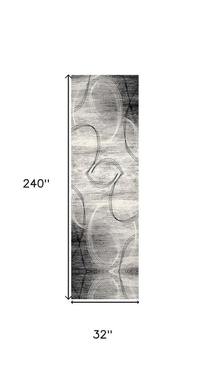 20' Gray and Ivory Abstract Shag Power Loom Runner Rug