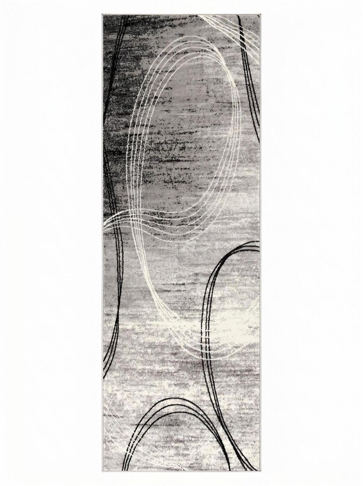 20' Gray and Ivory Abstract Shag Power Loom Runner Rug
