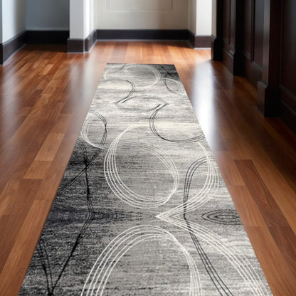 20' Gray and Ivory Abstract Shag Power Loom Runner Rug