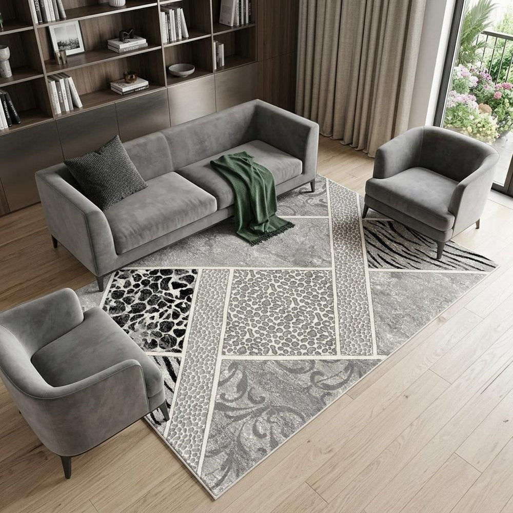 7' X 9' Grey Geometric Power Loom Stain Resistant Area Rug