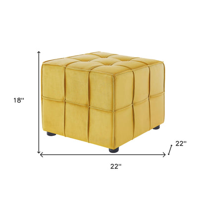 22" Yellow Velvet And Black Cube Ottoman